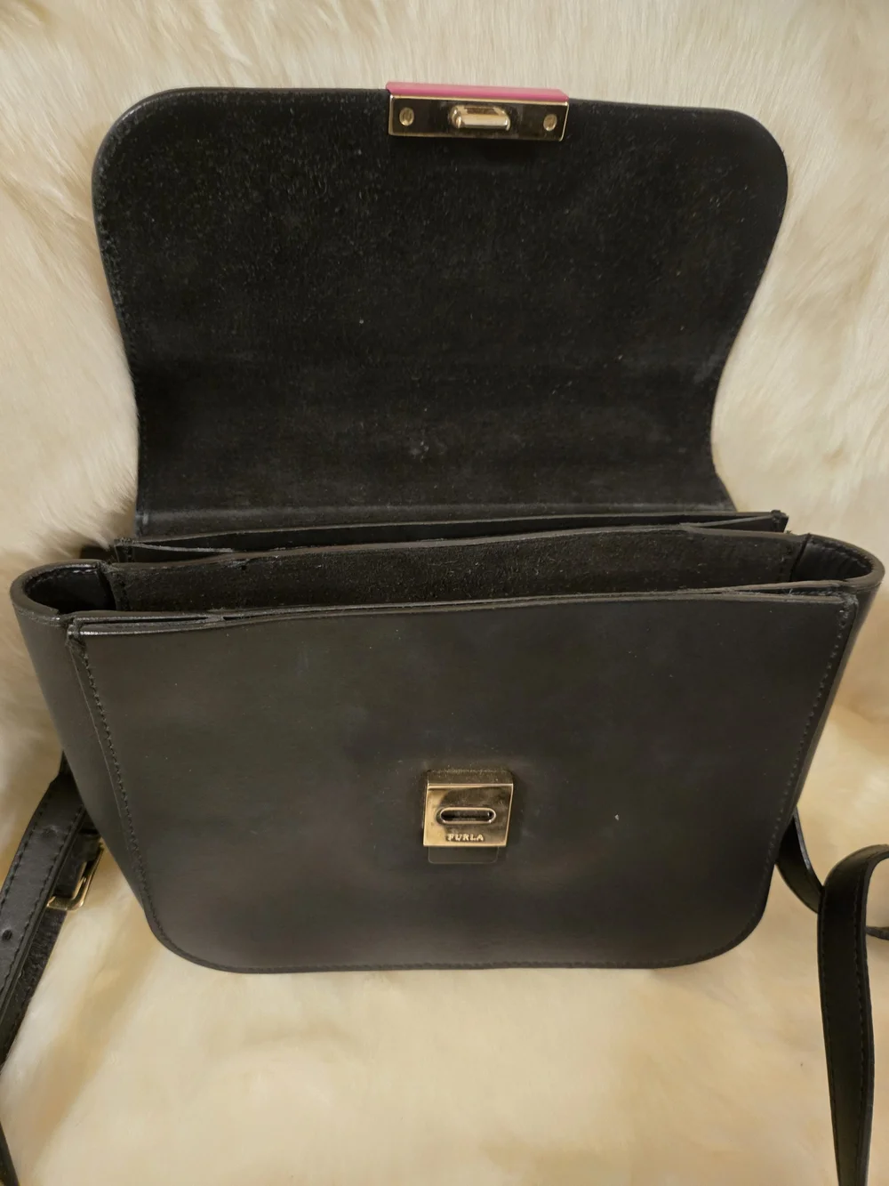 Black Leather Furla  Crossbody Bag with Pink Accent
